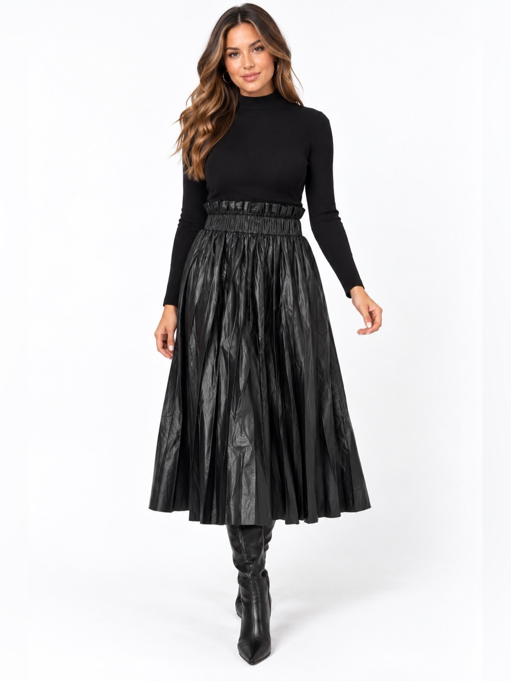 Pleated Faux Leather Midi Skirt - Black